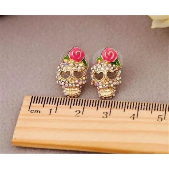 New! Sugar Skull Rhinestone Earrings - Picture 9 of 12
